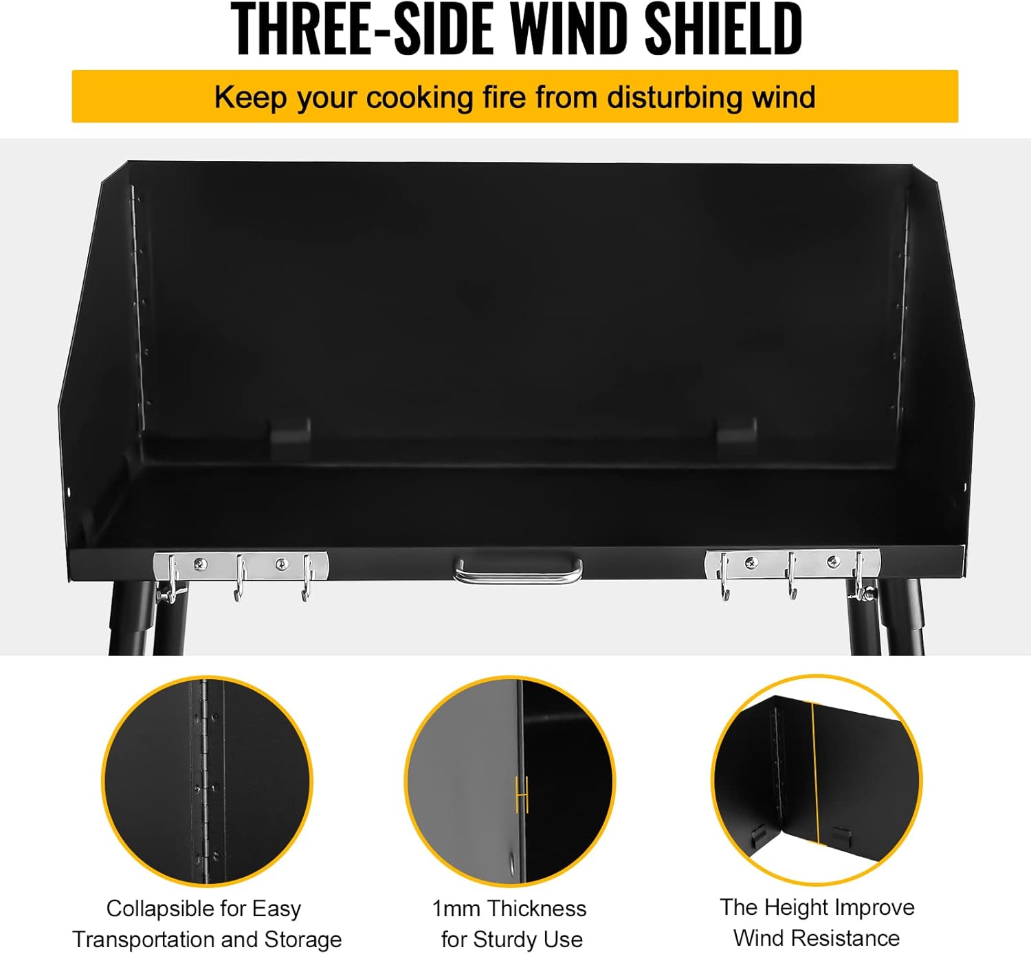 30 x 16 Inch Carbon Steel Dutch Oven Camp Cooking Table with Three-Sided Windscreen and Four Legs for Grill Travel, Outdoor Picnic, Beach, BBQ, Backyards