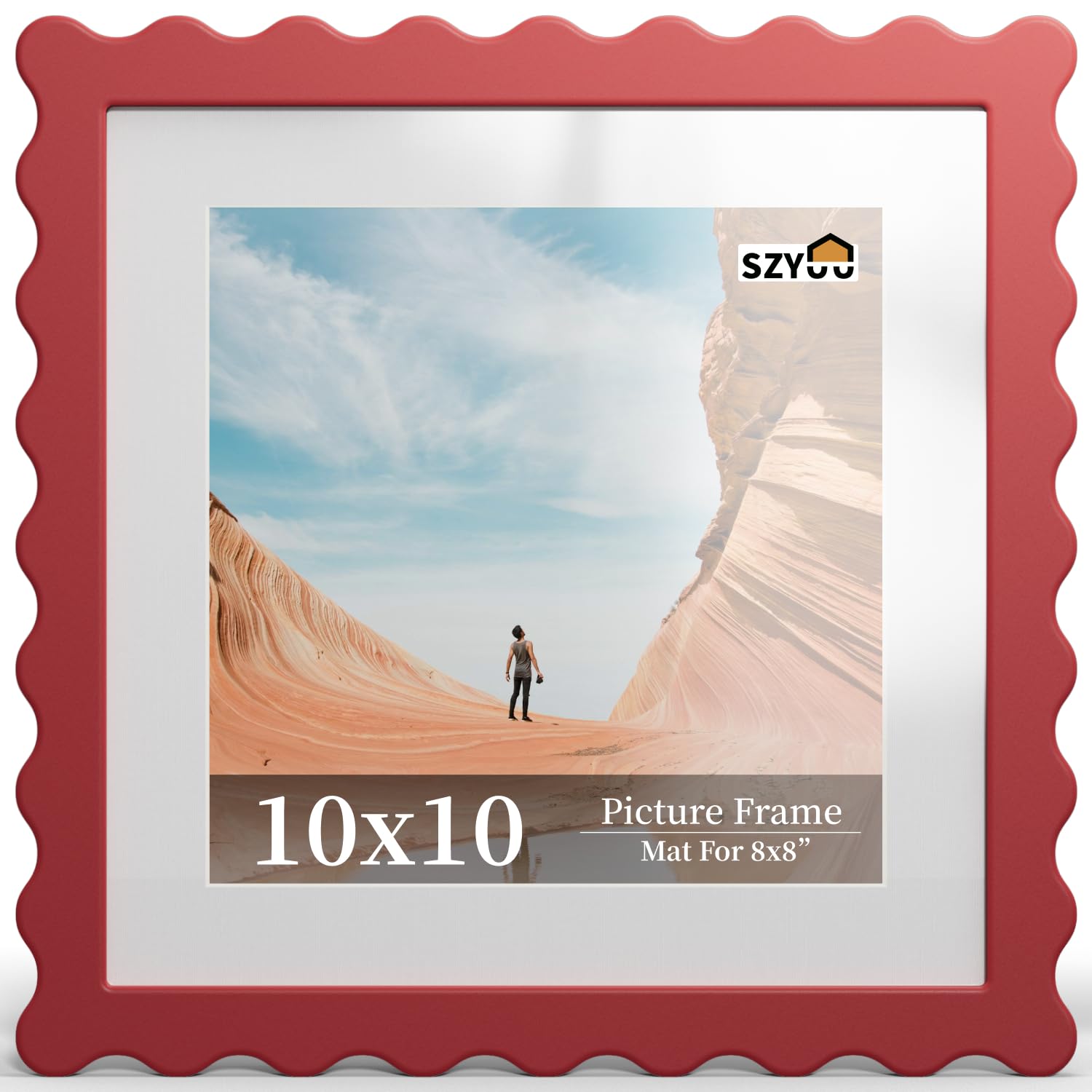 SZYUU 10x10 Wavy Picture Frame with Mat for 8x8, Real Glass and Wooden​ Frame - Tabletop or Wall Hanging Photo Frame(1 Pack,Red) — image 1