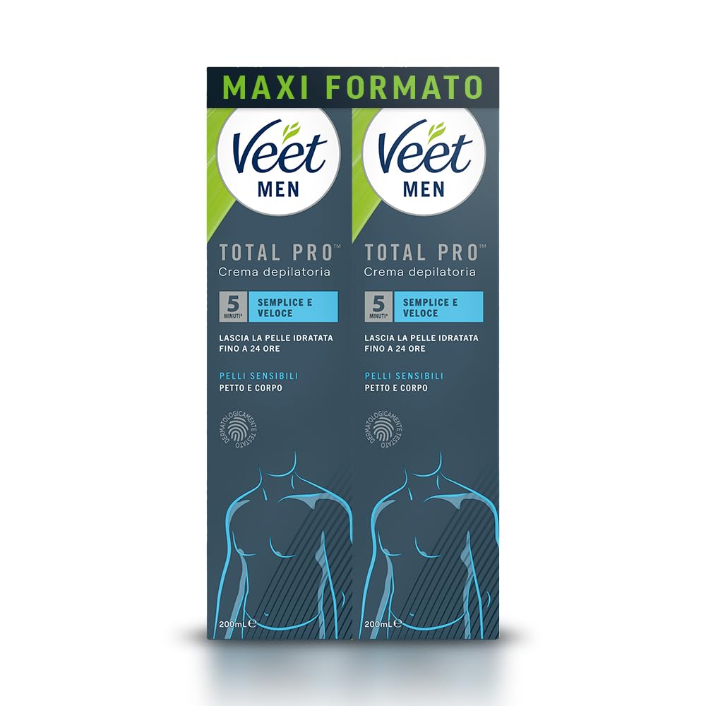 Veet Men Depilatory Cream for Men Chest and Body Sensitive Skin, Dermatologically Tested, Convenience Size 400 ml (2 Packs x 200 ml)