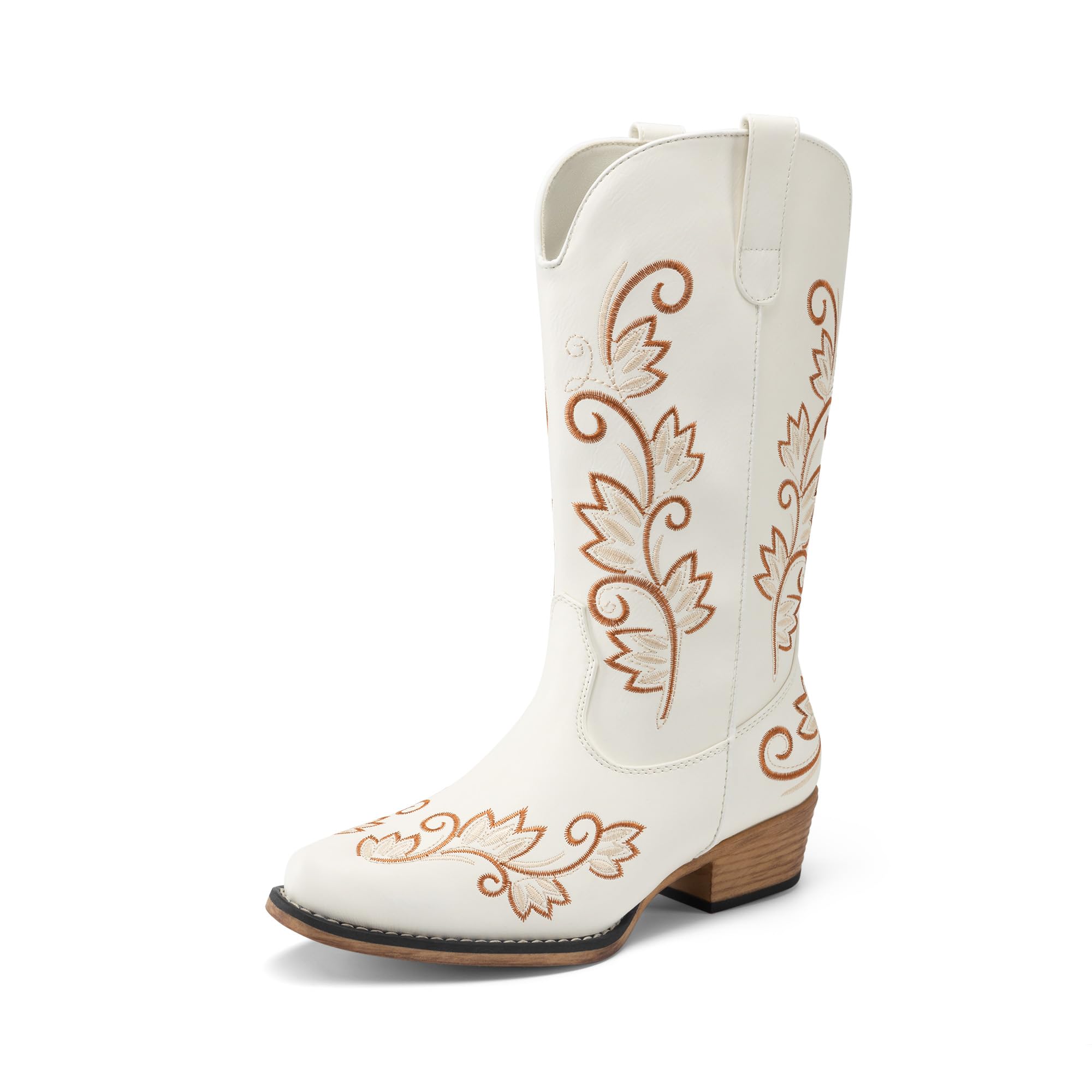 DREAM PAIRS Women's Cowboy Cowgirl Western Mid Calf Boots Square Toe Embroidered Stitched Pull On Country Boots with Low Chunky Heel