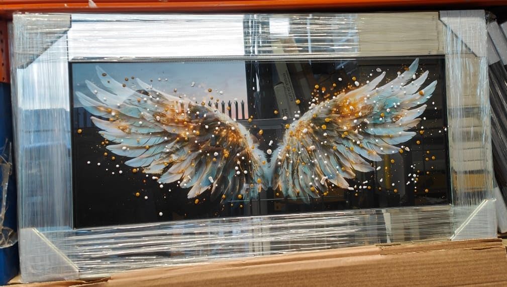Biznest White Gold Wings Angel Wings Glass Picture Liquid Black And White Art Wall Hung Rectangular Shaped Mirrored Frame 3D Glitter Art Deco Style Multicoloured Landscape 85 X 45 Cm (White Gold Wings)