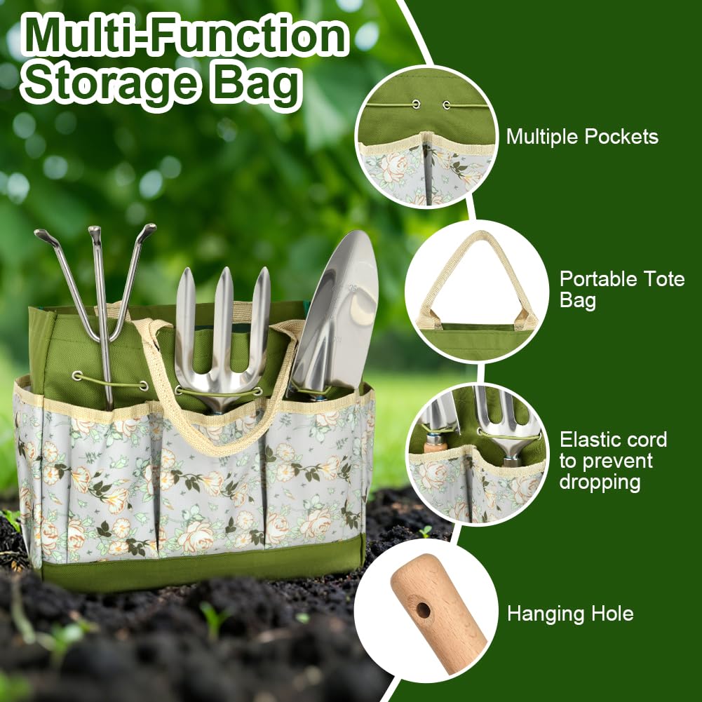 Set di Attrezzi da Giardinaggio, 9 Pezzi in Acciaio Inossidabile ad Uso Intensivo, Impugnatura Ergonomica Antiscivolo, Fori Appesi, Strumenti da Giardinaggio per Donne e Uomini, Verde