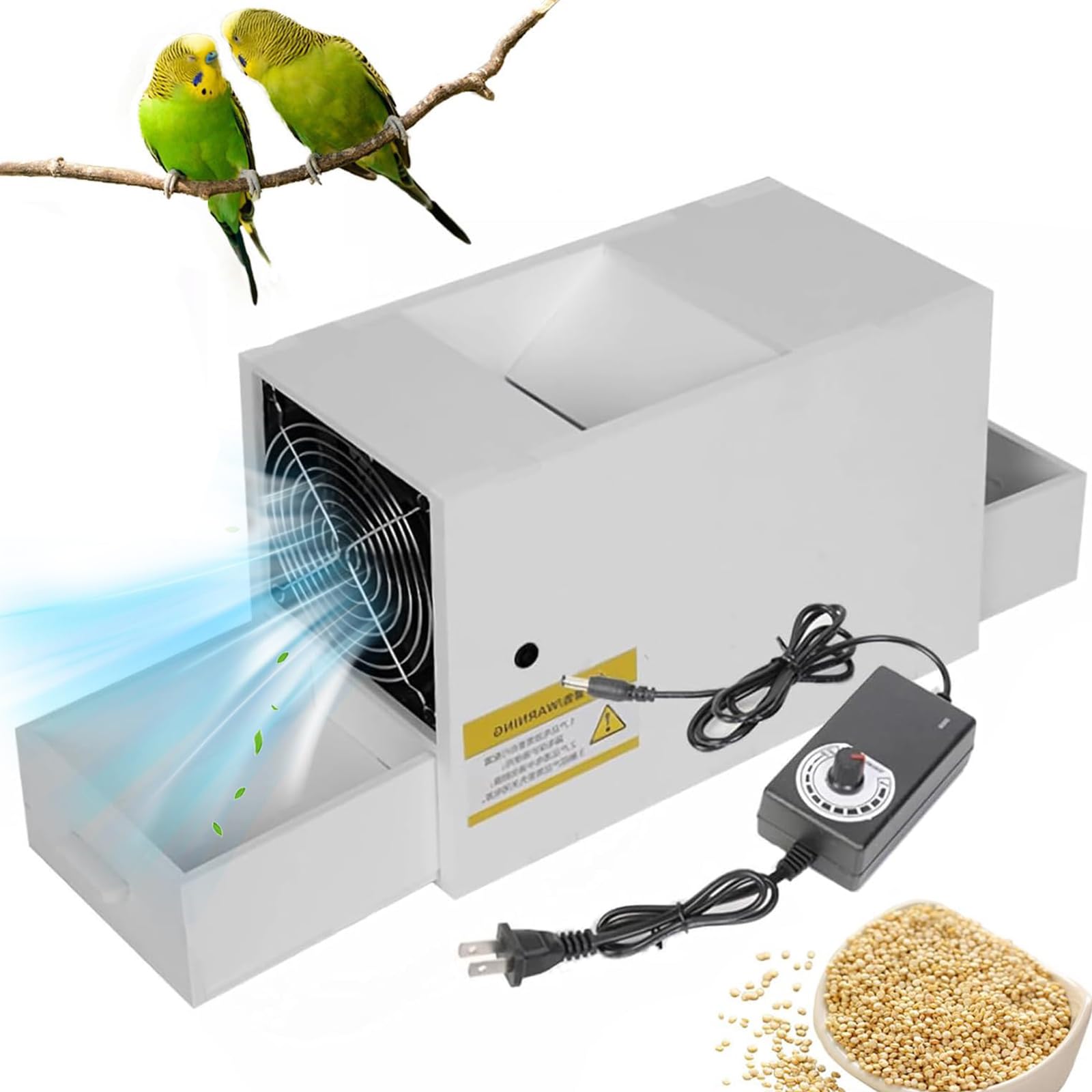 Limpiador Eléctrico de Semillas para Aves, Aventadora con 2 Cajones | Ventilador de Velocidad Ajustable y Uso con un Botón para Mijo, Arroz, Frijoles, Semillas de Melón y Cereales Mixtos