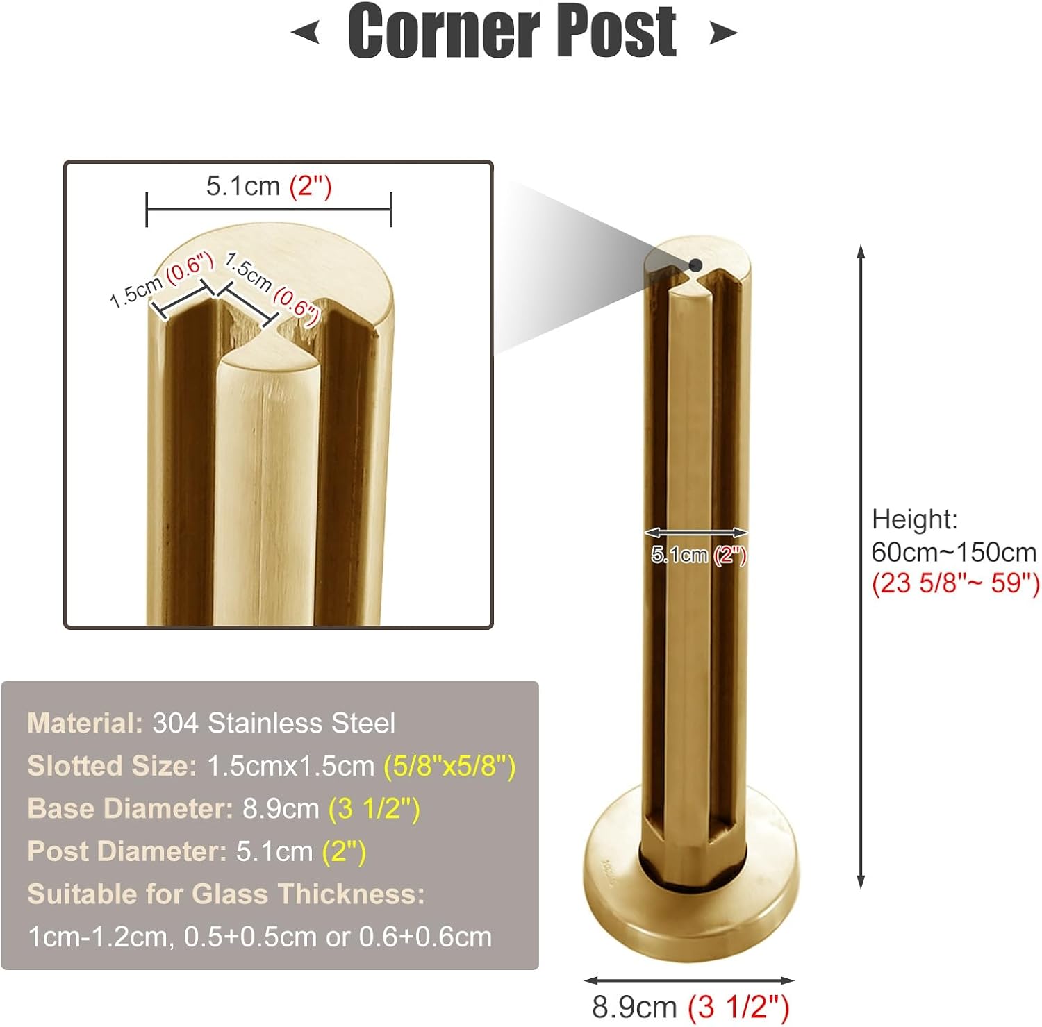 Gold Metal Glass Railing Fence Post Balcony Balustrade with Custom Glass Panels for Deck Stairs Platform Porch Round Pipe Clamp Design