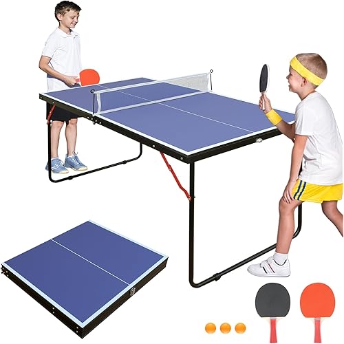 Ping Pong Table Foldable Table Tennis Table for Indoor Outdoor with Net, Table Tennis Paddles and Balls, 4.5FT/6FT/9FT Multi-Use Family Game Table for Kid Teenager Adult, Compact & Portable