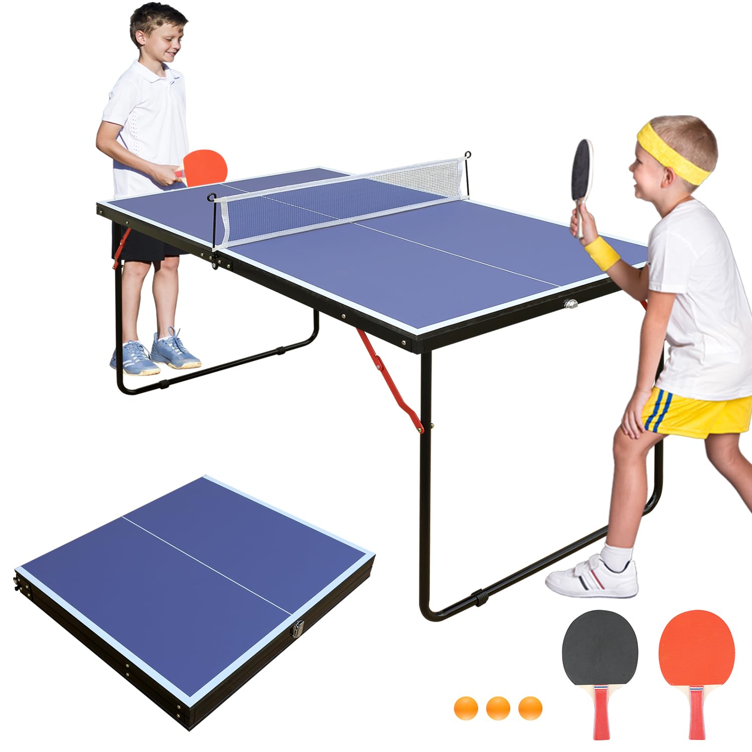 Ping Pong Table Foldable Table Tennis Table with Net, Table Tennis Paddles and Balls, 4.5FT/6FT/9FT MDF Multi-Use Family Game Table for Kid Teenager Adult, Compact & Portable