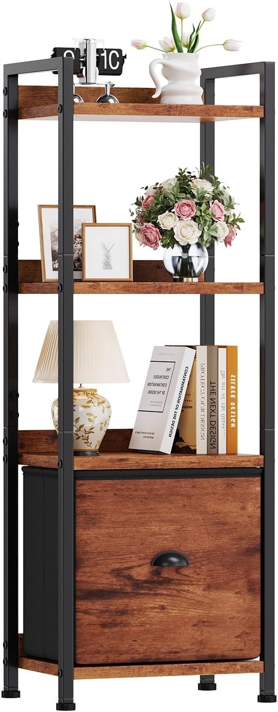 4 Tier Bookshelf with Drawer, Tall Narrow Bookcase Storage Organizer, Wood and Metal Industrial Display Standing Shelf Unit for Bedroom Living Room Office, Rustic Brown