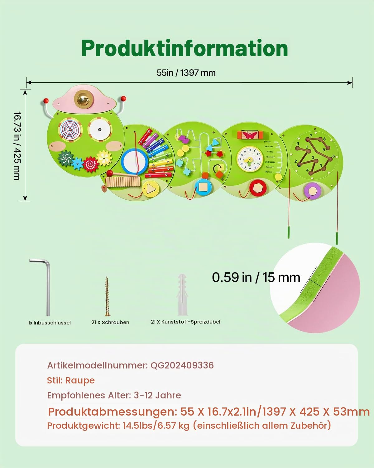 VEVOR 12-in-1 Montessori Busy Board, Montessori Motorikbrett für Bildung Frühe Entwicklung, Sensorisches Wandpaneel aus Holz für Kinder von 3-12 Jahren, Raupe-Wandspiel für Kindergarten Spielzimmer
