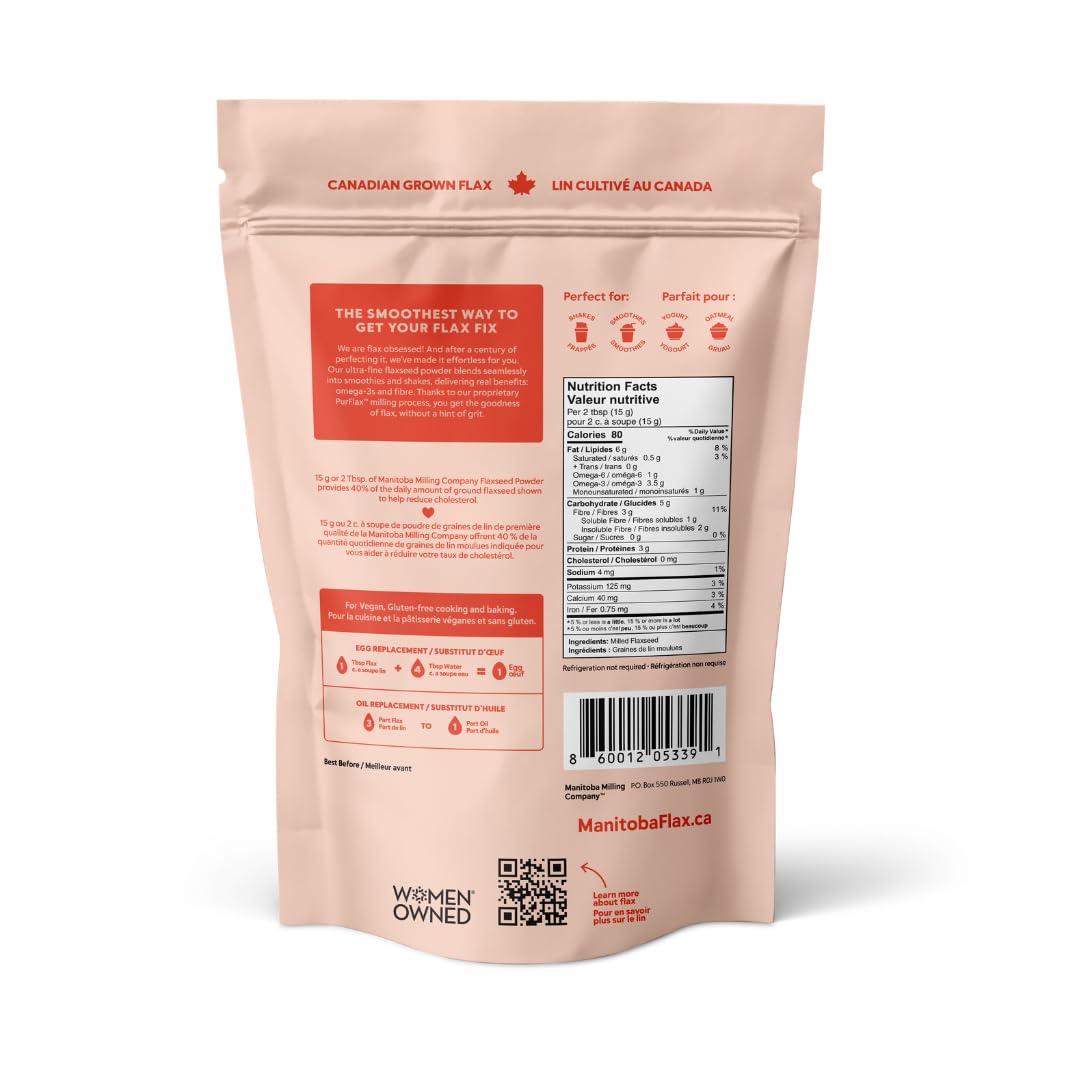 Premium Flaxseed Powder (NEW LOOK!) | Manitoba Flax by Manitoba Milling Co.| 454g | 3000 mg Omega-3, Fiber, Plant Protein | Vegan, Non-GMO, Gluten Free | Use in smoothies, oatmeal, yogurt, baked goods, dressings and sauces, and more - 3