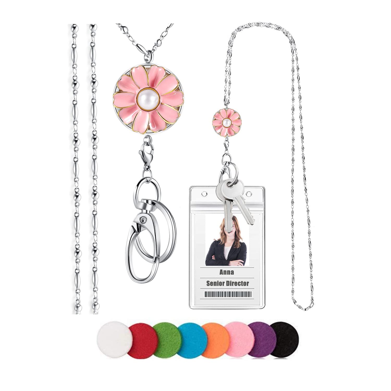 SAM & LORI Lanyard Necklace for ID Badges Holder and Keys for Women Stainless Steel Diffuser Metal Lanyard Necklace Silver Chain with Badge Clip for