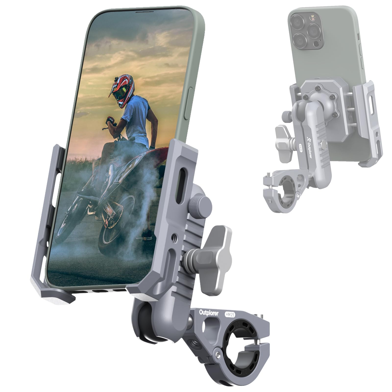 Outplorer Handlebar Mount Kit for Motorcycle Air-Suspension Holder Anti-Shake Airbag Protecting Phone Lens, 360° Free Vision for 4.7''-7.2'' Phone, Aluminum Alloy Holder Compatible with GoPro