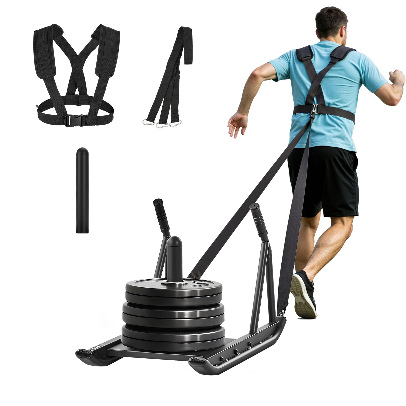 VEVOR Traîneau de Puissance Poussée et Traction, Équipement d'Entraînement de Force avec Poignées, en Acier, pour Vitesse et Explosivité, Compatible avec Disques de 2,​5 et 5 cm, Gym Fitness, Noir