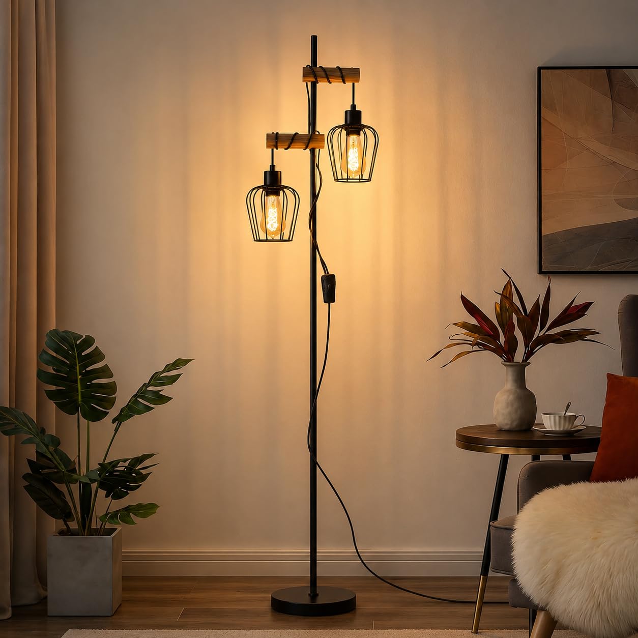 ZMH Stehlampe Wohnzimmer Holz Vintage Stehleuchte 2 flammig in Schwarz | Wohnzimmerlampe stehend im Industrial Design Metall Standleuchte E27 Standlampe für Schlafzimmer - ohne Leuchtmittel