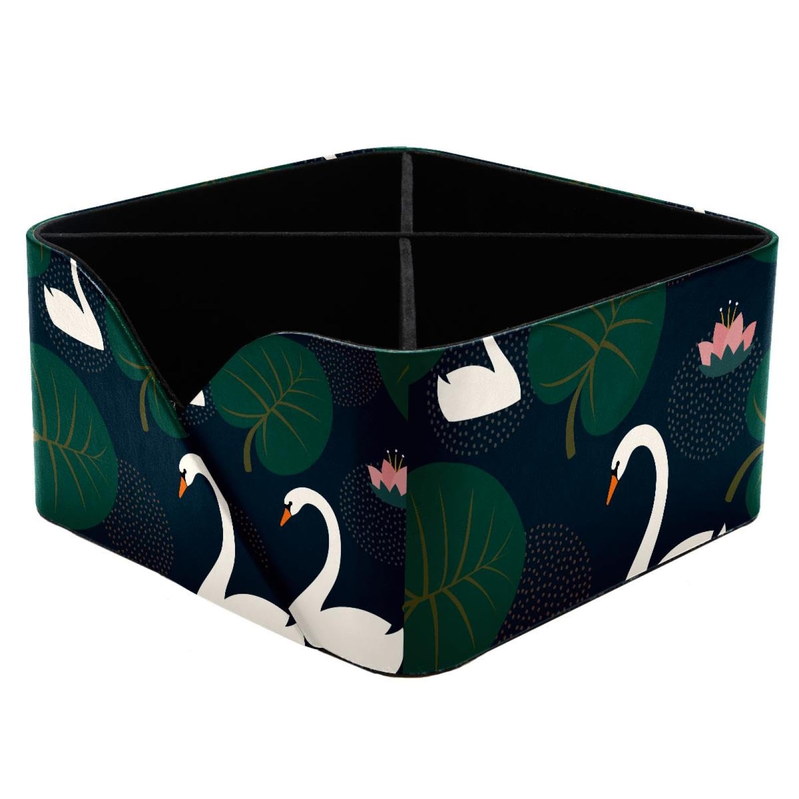 KengjuTesu White Swans Water Lily Leaves Night Lake Pattern Desktop Organizer Pen Holder, Rectangular Pencil Cup for Office, Study and Makeup Stations