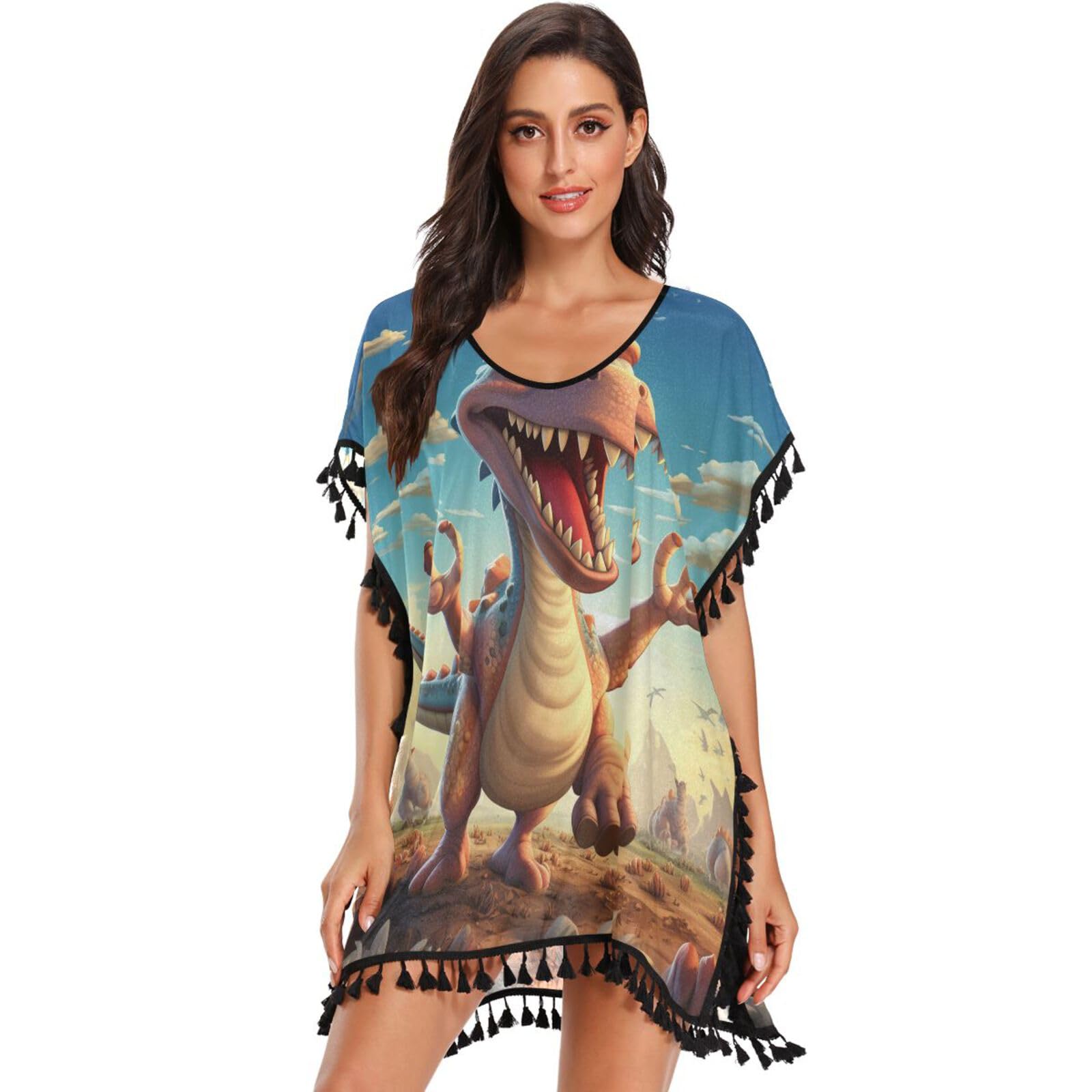 KAAVIYO Cartoon Cute Dinosaur Women's Beach Cover Up Chiffon Tassel Swimwear Swimsuit Coverups for Girl