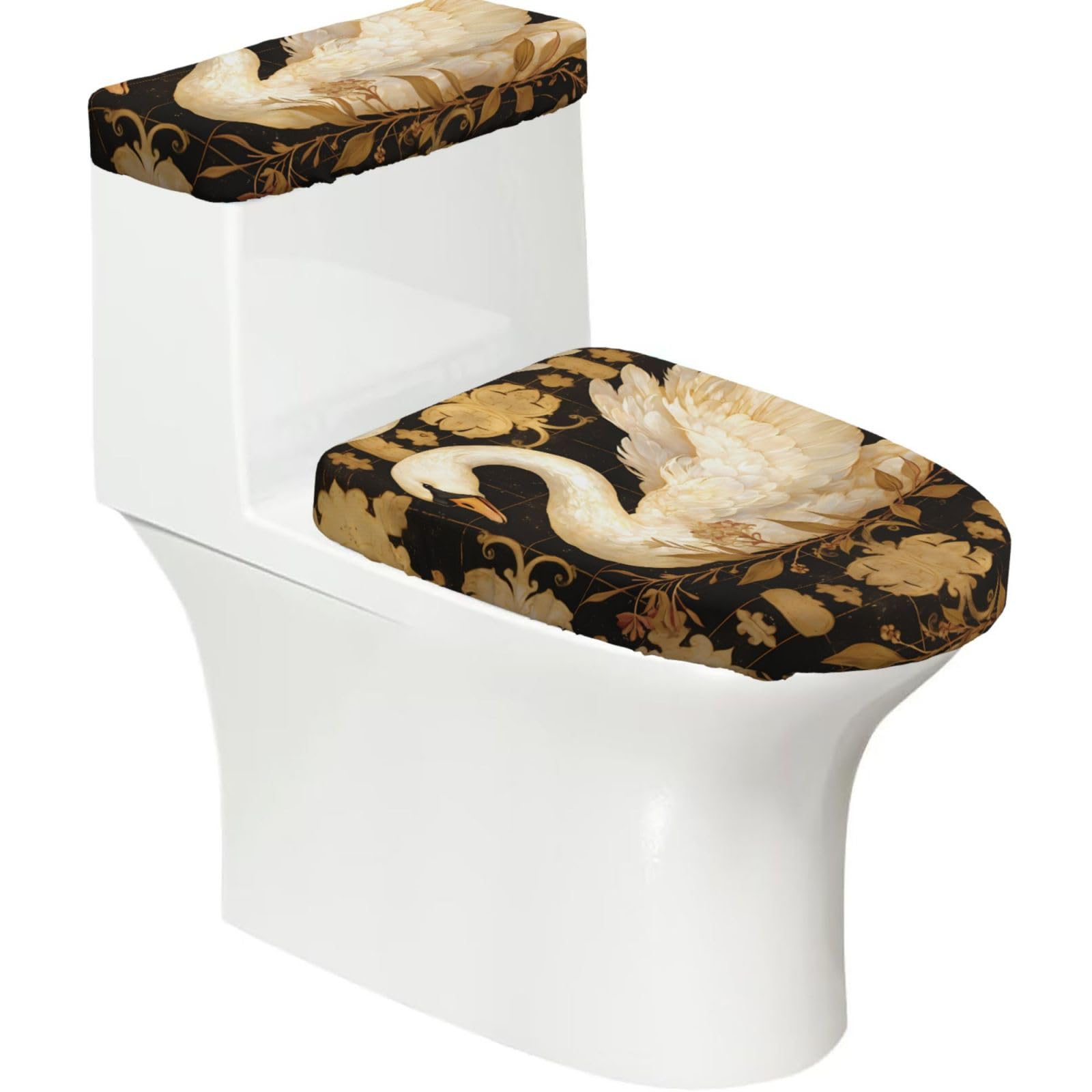 Wzycwb Black Swan 2-Piece Toilet Seat Cover Set With Tank Lid, Elastic Fit For U-Shape & Elongated Toilets, Bathroom Decor, Housewarming Gift