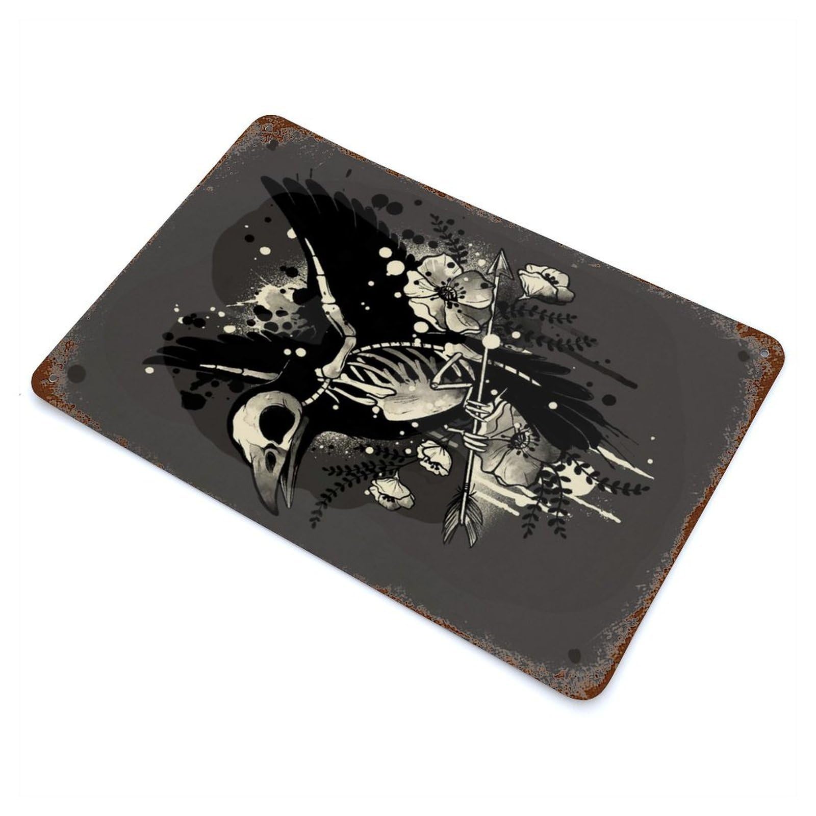 Rusty Metal Tin Sign with Raven Bones Design 11.8"x7.9", for Farmhouse, Kitchen And Entryway Decor, Rustic Home Decor