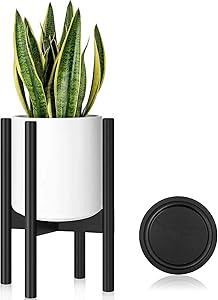 Hyenikoo Plant Stand - Adjustable Indoor Black Plant Stand, Plant Holder, Mid Century Corner Plant Stand with Tray - Fit 8 to 12 Inches Pots (Pot Not Included) - Bamboo Wood