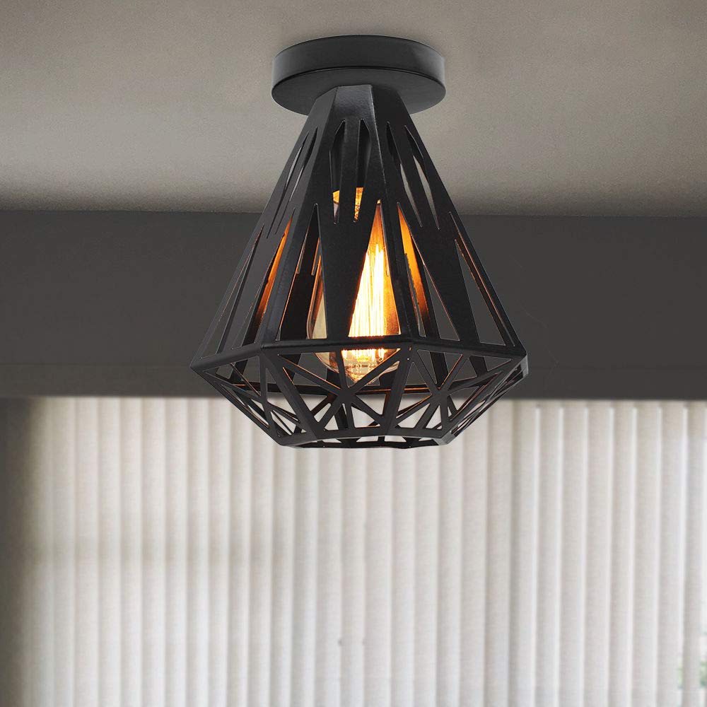 Plafoniera Industriale Vintage IDEGU A Gabbia Diamante | Lampada Da Soffitto In Metallo Nero Con Paralume In Tessuto Bianco | E27 Per Soggiorno E Camera - 3