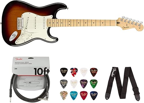 Fender Player Stratocaster - Guitarra eléctrica (diapasón de arce, 3 colores Sunburst) con cable de instrumento Fender de 10 pies (rectorecto), 12