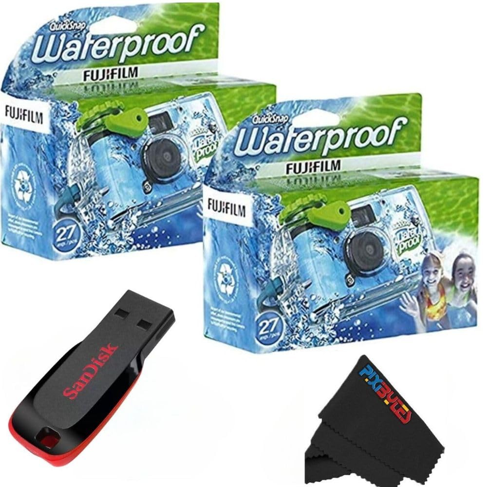 Fujifilm QuickSnap Waterproof 35mm Single Use Camera with Sandisk 32 GB USB Flash Drive and PixiBytes Microfiber Cleaning Cloth... (2 Camera + USB)