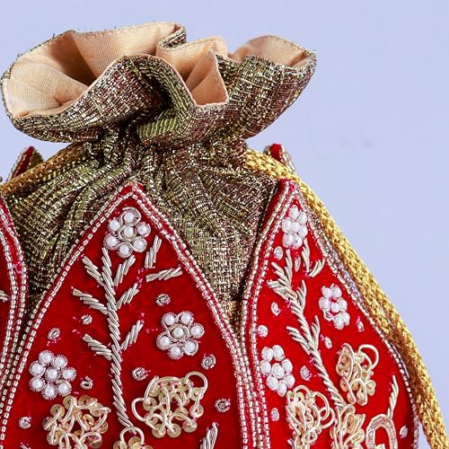 Image of THE TAN CLAN Pushp Zardozi Embroidered Mini Lotus Potli Bag - Handcrafted Silk Pouch with Intricate Zardozi & Lotus Design for Weddings, Bridal Accessories, and Special Occasions
