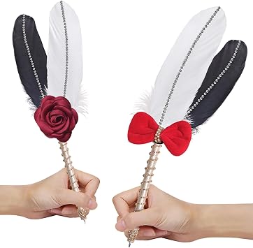 Vijiv Luxury 2-Pack Feather Quill Pen for Weddings - 11" Elegant Bridal Calligraphy Pens with Decorative Rhinestone Bow & Rose, Refillable Rollerball Pens for Bridal Guest Books, Receptions, Showers