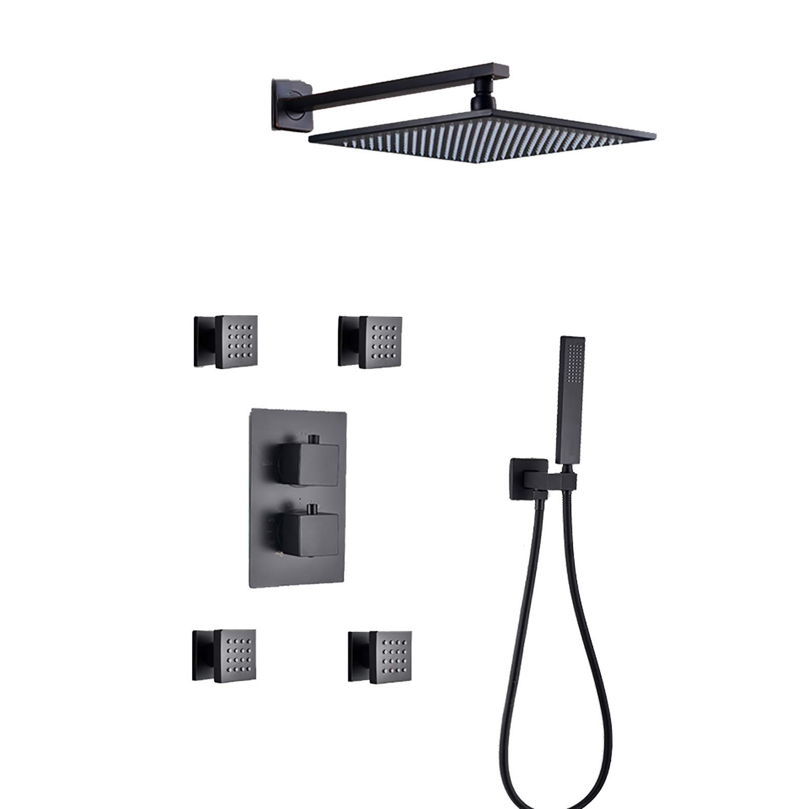 OZBMA Matte Black Thermostatic Rain Mixer Shower Combo Set Wall Mounted Bathroom Faucet with Head, Handheld Shower, Body Jetses,A-8 tum (A 8 tum)