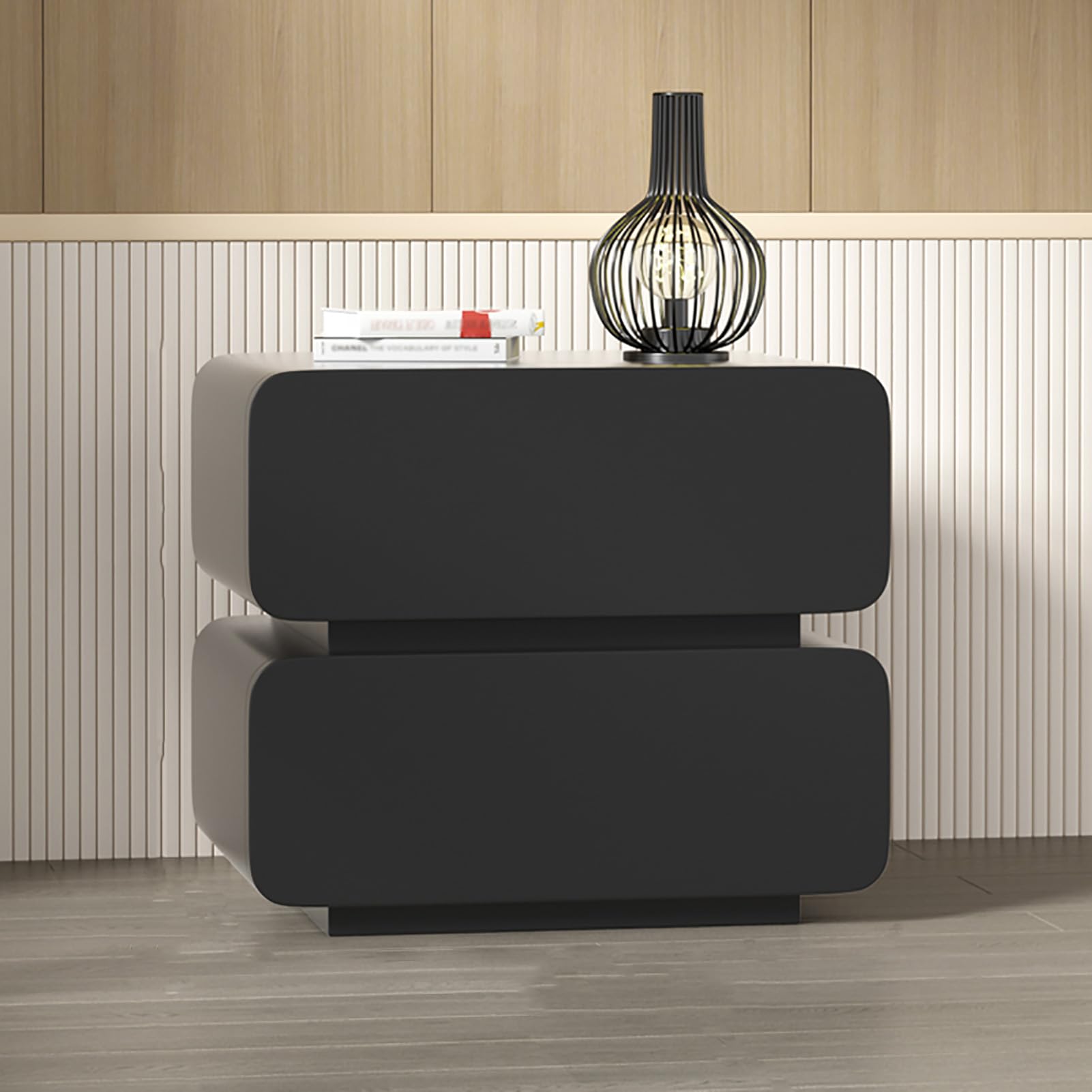 ZJHESXV Smart Bedside Table with Dual Led Strip Lights, Luxurious Solid Wood Night Stand with 2 Drawers, Solid Wood Frame, Modern Nightstand for Bedroom Living Room(40x40x50cm(16x16x20inch), Black)