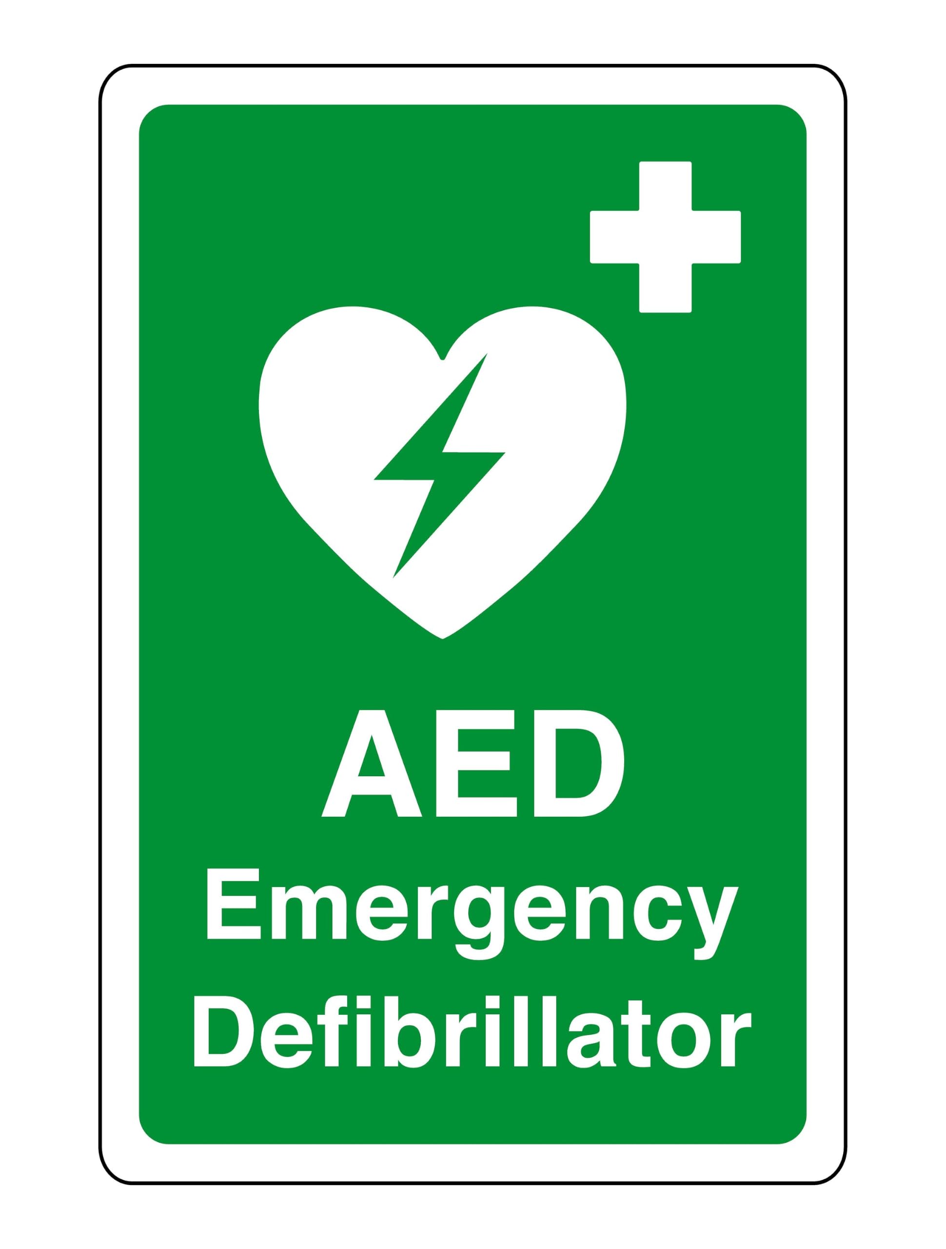 AED Emergency Defibrillator - AED safety sign - High tack self-adhesive sticker (600mm x 400mm) Viewing Distance within 20m