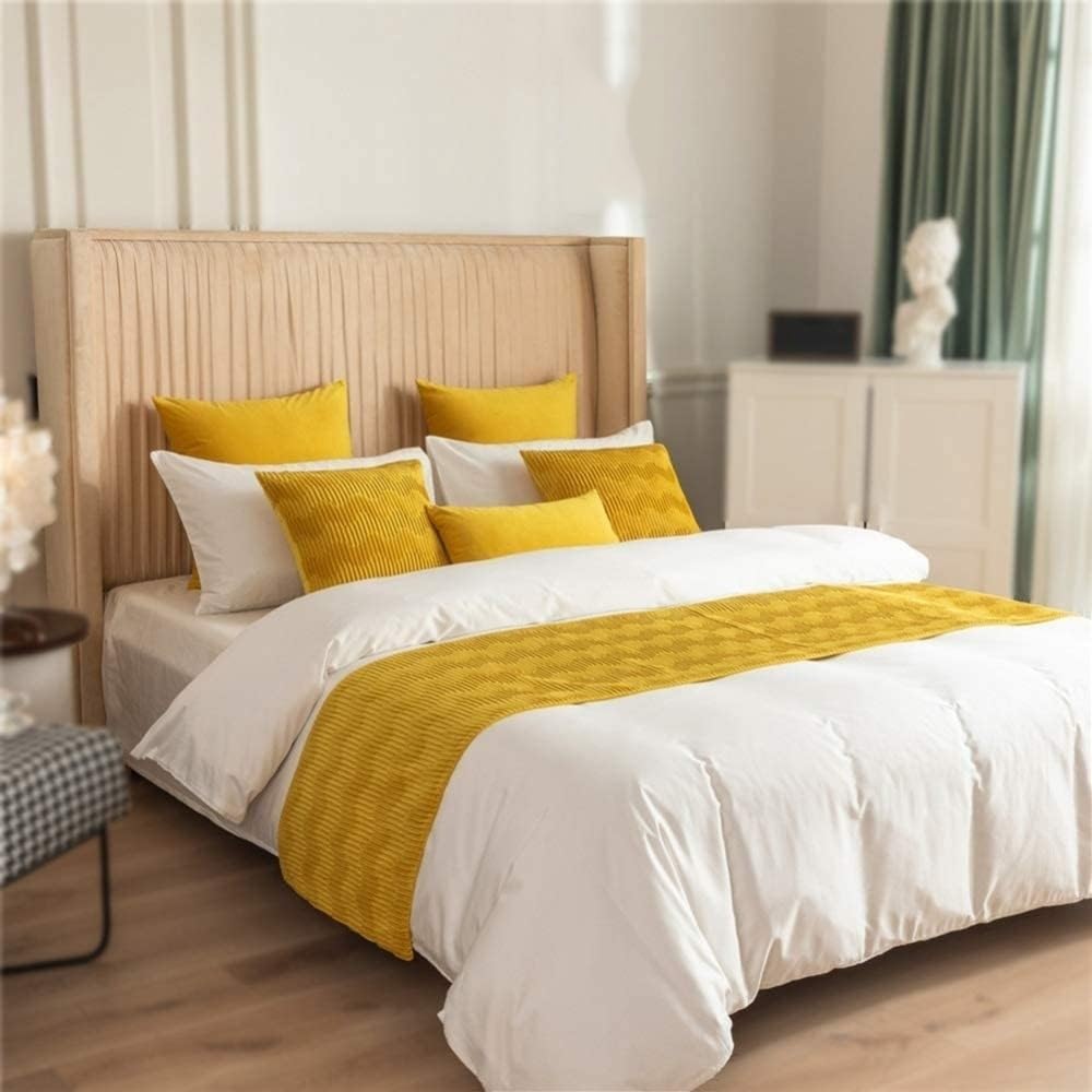 MiDuoHU Luxury Soft Bed Runner Solid Color Scarf Velvet Wave Pattern Pillowcase Hotel Bedroom Reversible Double Use Bedspread(Yellow,45x240cm (for 1.8m bed))