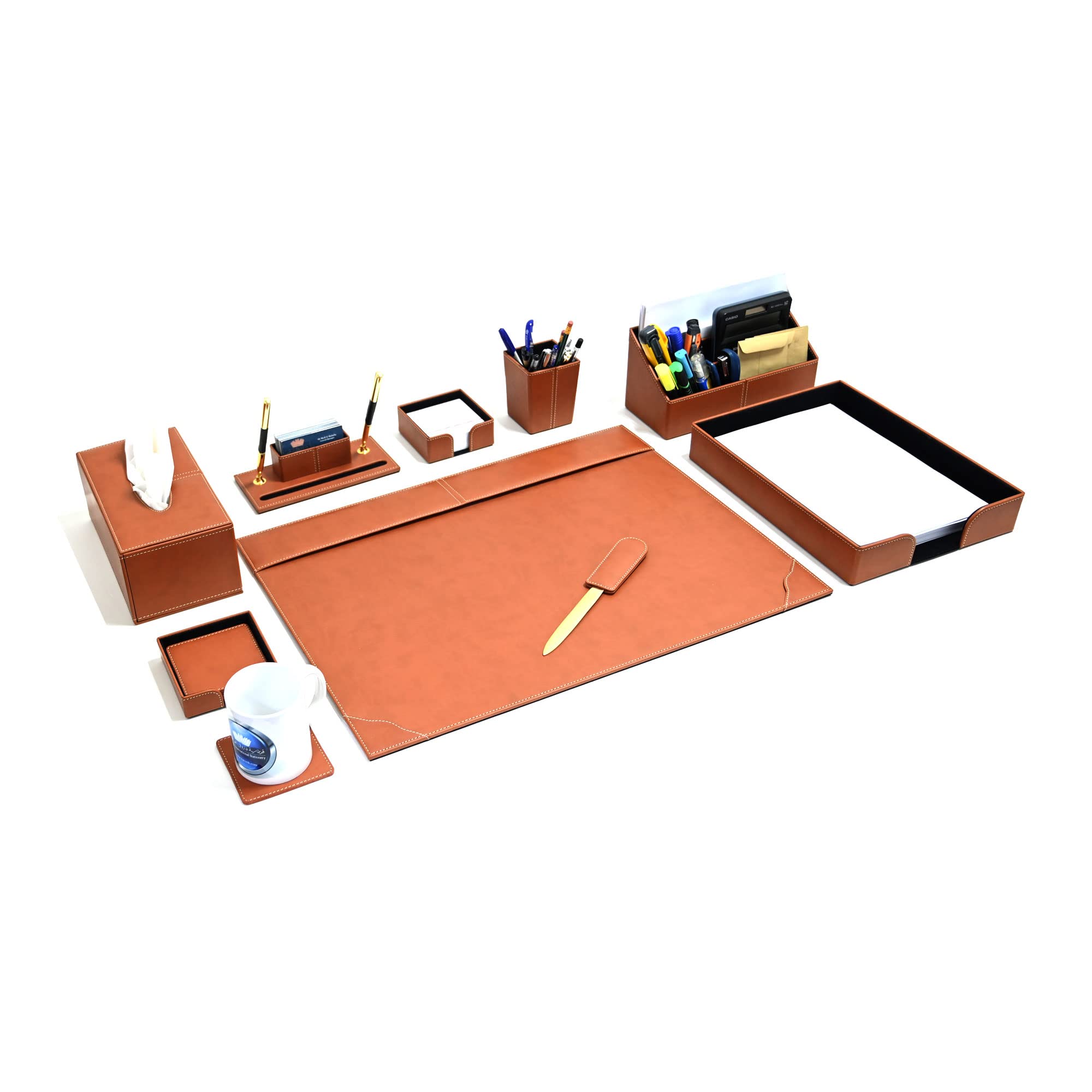 FIS Executive Desk Set with Italian PU Materials, Set of 9 Pieces Desk Set Organizer, Brown Color, Pack in Gift Box-FSDS172BR