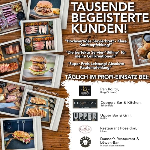 Foto von LIKAYA Steak- & Servierbrett 2er-Set aus FSC Akazienholz mit Schieferplatte & Dipschalen – Grillbrett für Steak, Burger, Sushi BBQ-Fans