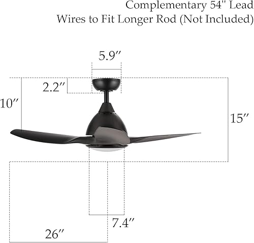 Miniatura 3 de LETRA Ventilador de techo contemporáneo de 52 pulgadas con tres cuchillas ABS negras y pantalla de vidrio blanco kit de luz LED 15 W 3000 K con