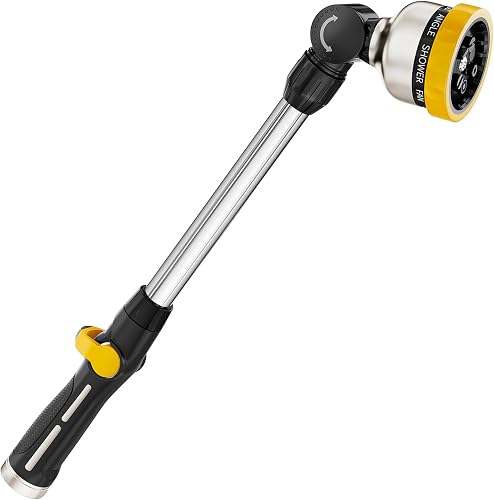 FANHAO 16-Inch Metal Watering Wand, Heavy Duty Garden Hose Wand with 9 Spray Patterns, 180° Rotating Long Hose Nozzle Sprayer Thumb Flow Control, Ideal to Water Hanging Baskets and Shrubs - Yellow