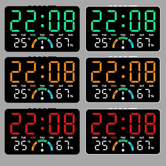 Large LED digital clock featuring time, digital wall clock,humidity, temperature, date, alarm, and comfort level indicators, designed for wall hanging or flat setup (Blue)