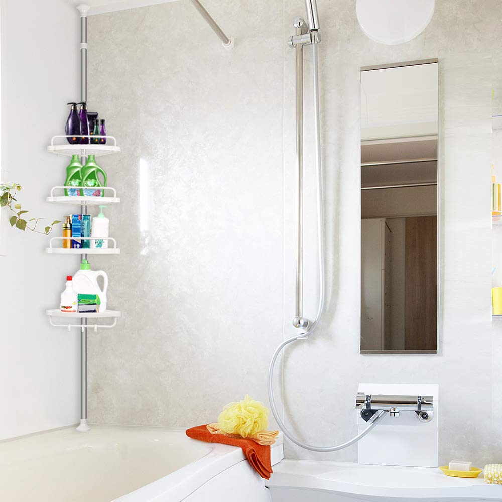 LANTUS Étagère de Douche Réglable en Hauteur, Étagère de Salle de Bain, Rangement Salle de Bain Télescopique, Hauteur Totale, en INOX, 4 Niveaux, 1 Porte-Serviettes (254-304 cm (Plastique) Blanc)