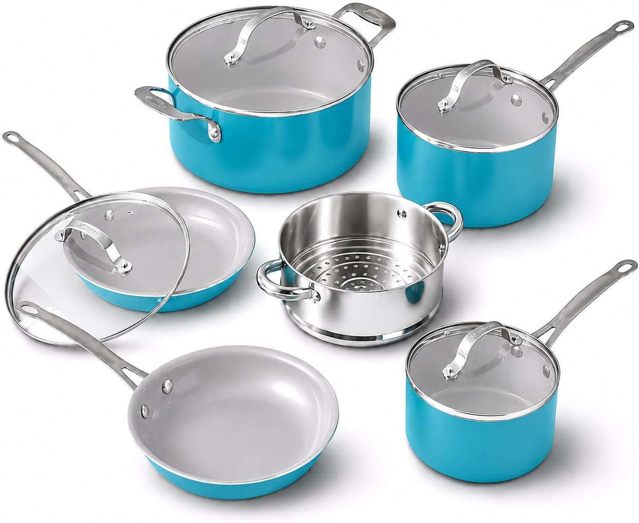 Gotham Steel Aqua Blue Pots and Pans Set, 12 Piece Nonstick Ceramic Cookware, Includes Frying Pans, Stockpots & Saucepans, Stay Cool Handles, Oven & Dishwasher Safe, 100% PFOA Free, Turquoise | Includes Frying Pans, Saucepans, & Stockpot with Steamer, Oven & Dishwasher Safe, PFAS/PFOA-Free Ceramic & Titanium Coating