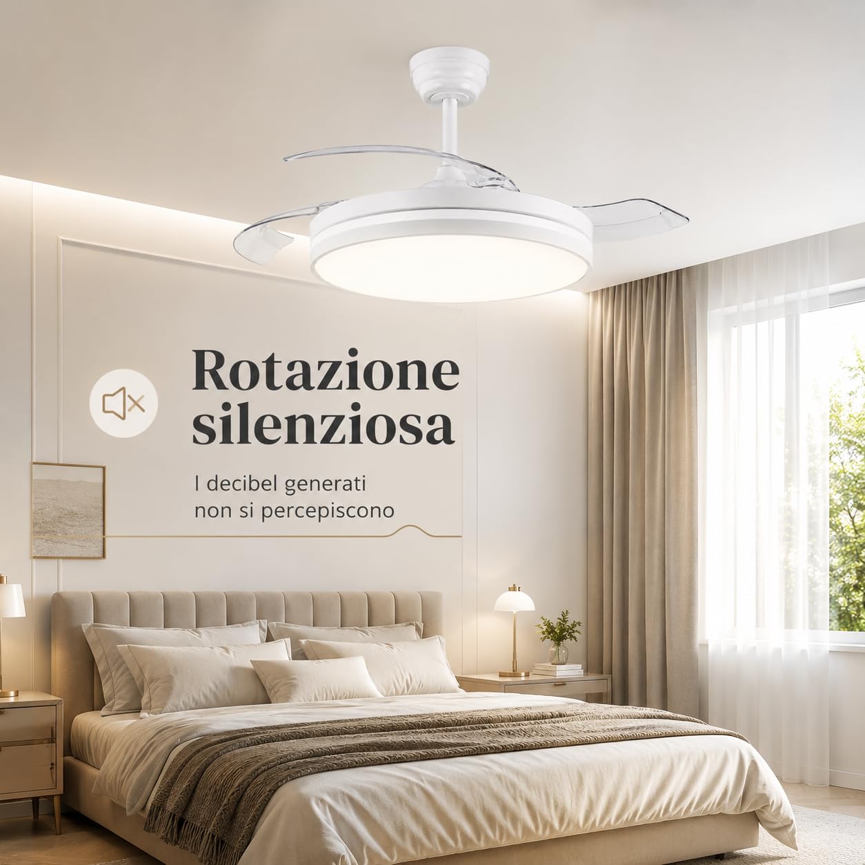 MAKA Ventilatore Ultra Silenzioso da Soffitto con Luce Led 60 watt, 6 Velocità - 3 Pale PVC Reversibili - Motore 30 watt - 220V IP20, Plafoniera Dimmerabile (Luce 60 w - Motore 30 w)