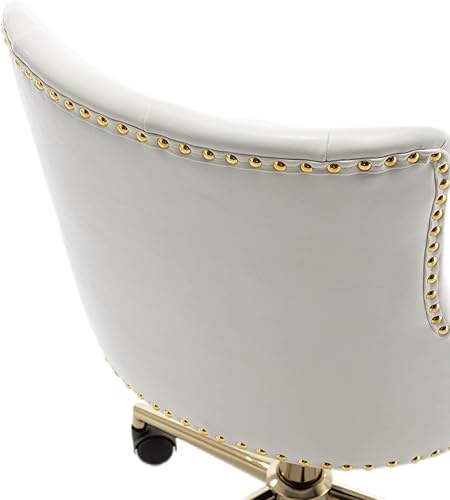Miniatura 5 de BTEXPERT Silla de oficina en casa con base dorada de piel sintética blanca, ajustable, tapizado de uñas dorado, tapicería, dormitorio, estudio,