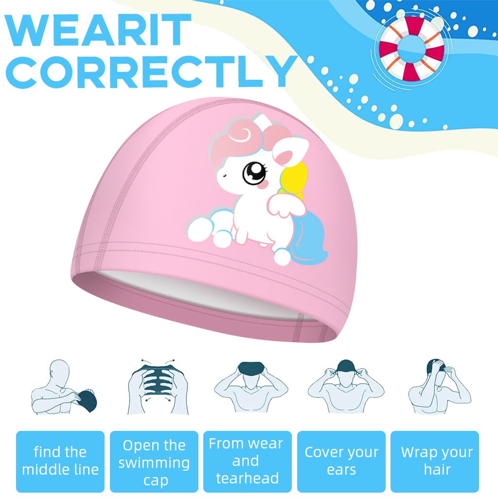 Proberos® Swimming Cap for Girls, Waterproof Elastic PU Coated, Age 3-12 2