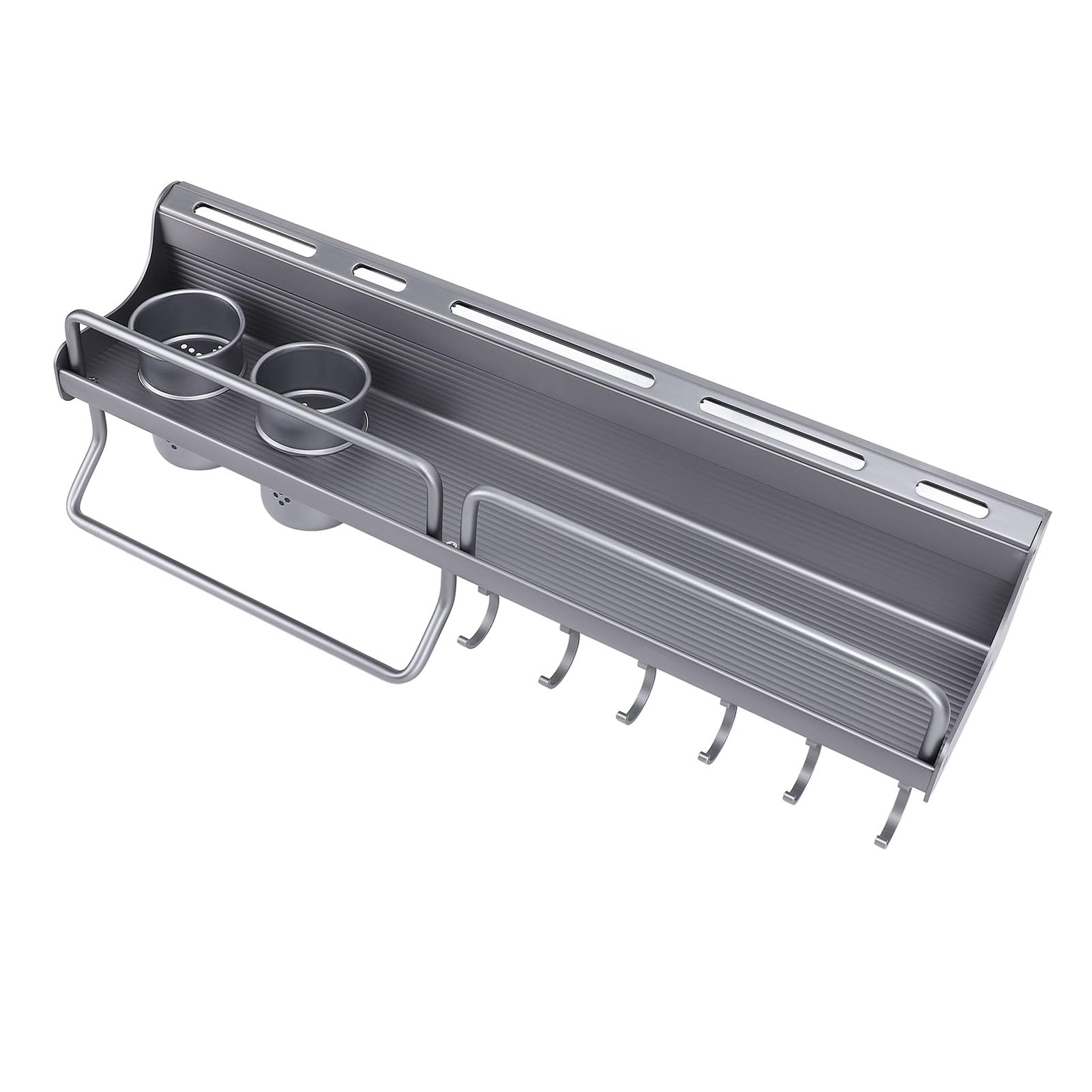 Jiawu Support Mural pour Ustensiles de Cuisine en Alliage d'aluminium, étagère de Rangement Peu Encombrante avec Deux Paniers à Baguettes, Support Suspendu de Cuisine Gris pour Ustensiles, Outils et