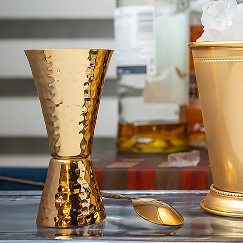 Prince of Scots Jigger de doble cara de cobre macizo martillado con placa de oro de 24 quilates con 5 marcas para medición (caja de regalo)