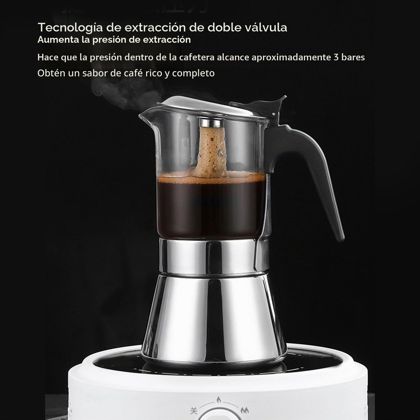Olla Moka de Vidrio Borosilicato y Acero Inoxidable, Fácil de Usar, Segura y Saludable, para Inducción, Estufas, Sin BPA, Válvula de Seguridad Italiana (4 taza)