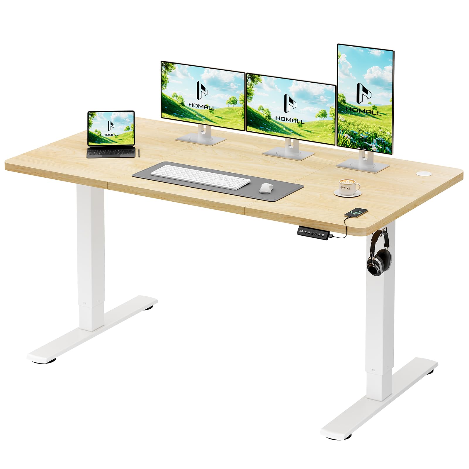 Homall Höhenverstellbarer Schreibtisch mit USB-Buchse 140x60 cm, Computer Stehschreibtisch, Ergonomischer Homeoffice-Tisch (140x60cm, Beige)