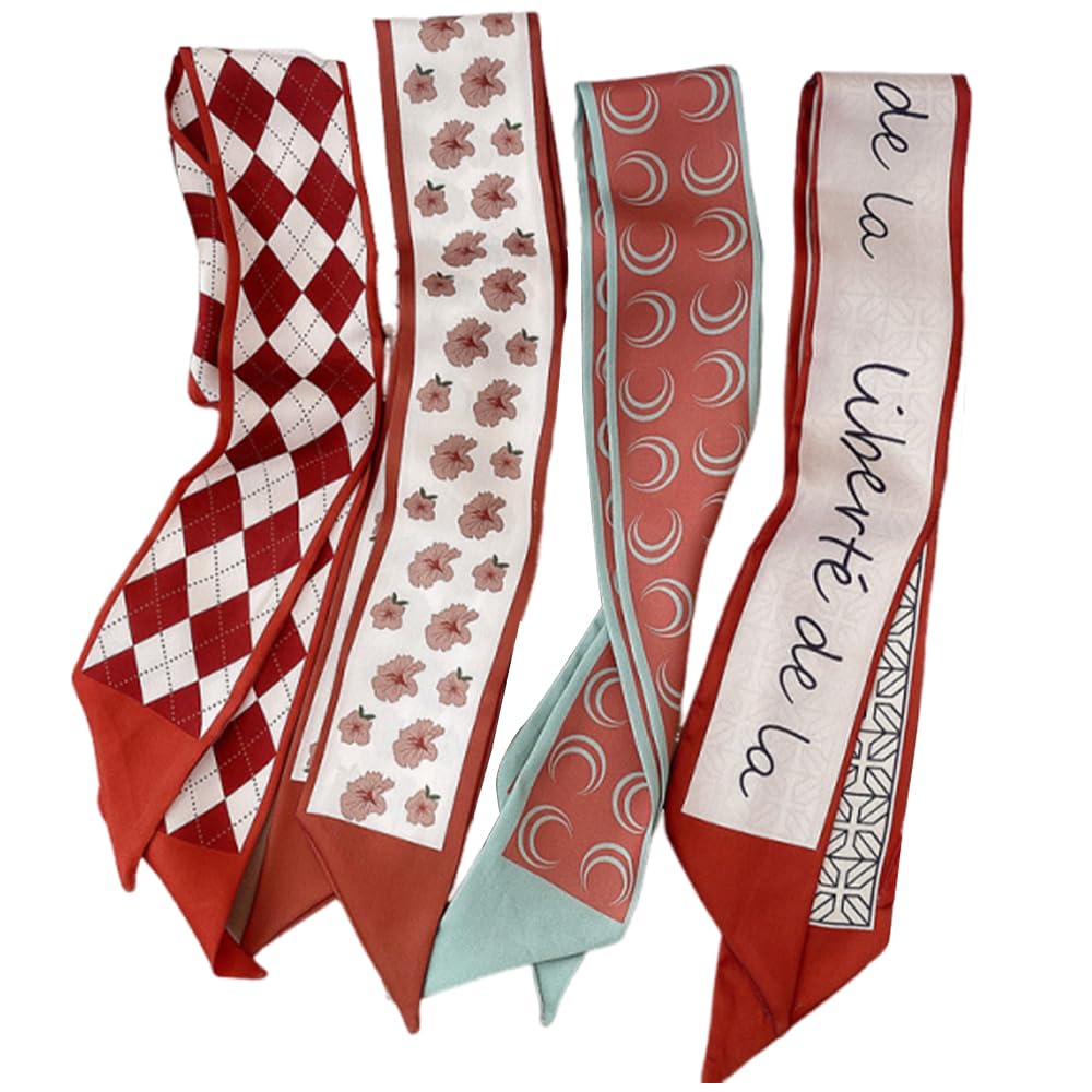 OULIGET Printed Small Scarf,Head Scarf for Hair,Multi Purpose Hair Band Long Scarf Hair Band Floral Hair Tie,4 Pieces