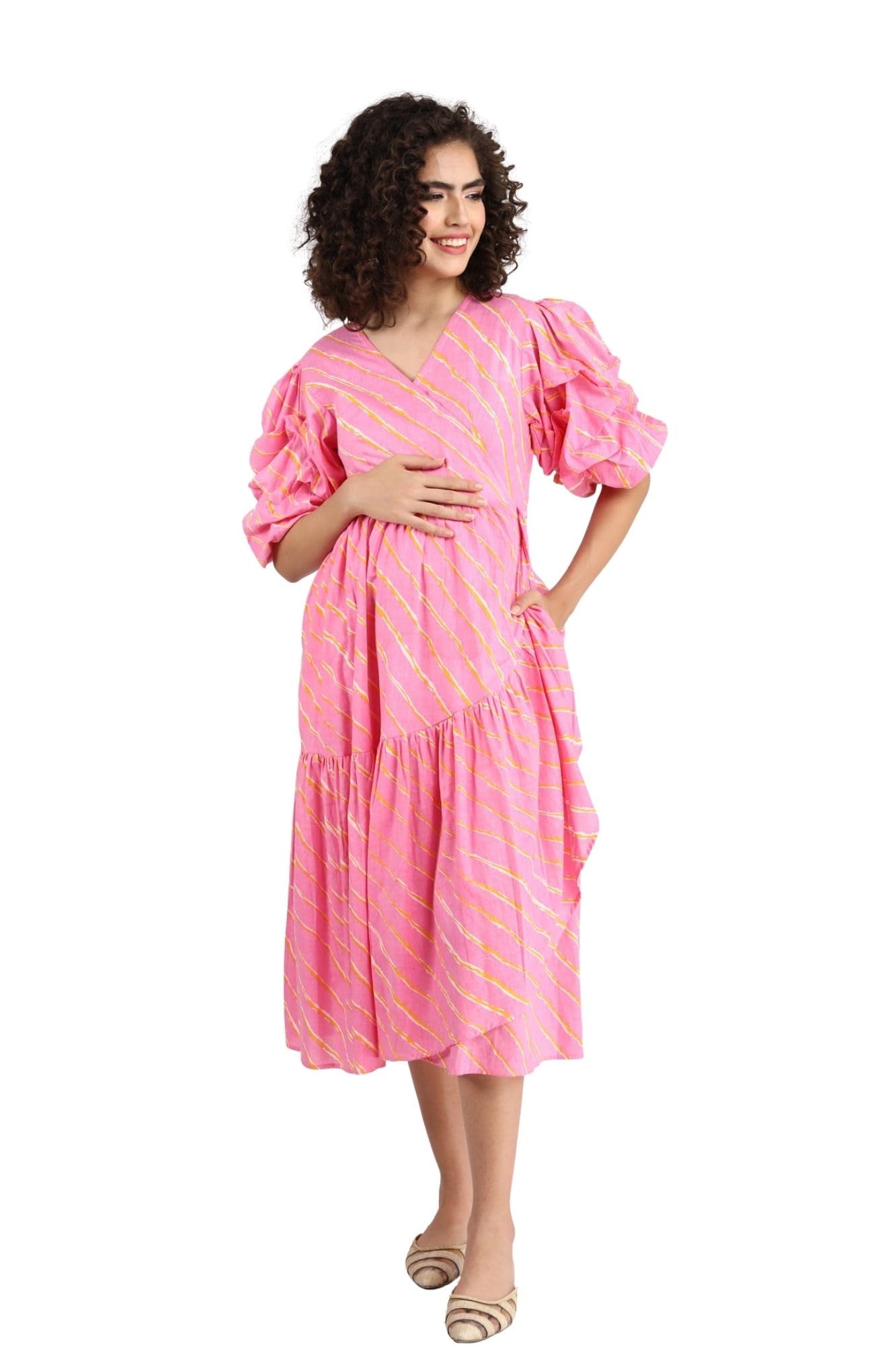 Bubblegum Pink Maternity & Nursing Frill Wrap Dress for Women-image-47