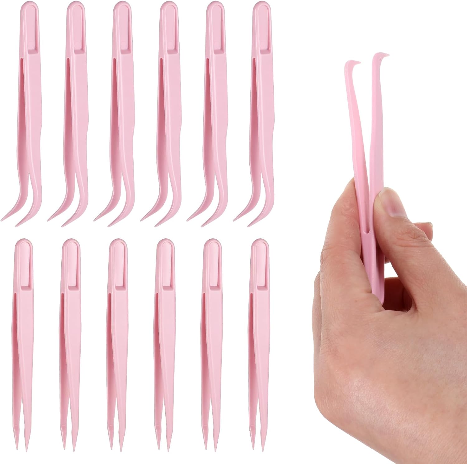 Zelphvt 12 PCS Plastic Tweezers for Crafts 4.5 Inch Bent and Straight Tweezers for Crafting Beads Tweezer for DIY Jewelry Making Crafts Handmade Beading Project Picking and Placing Beads Pink