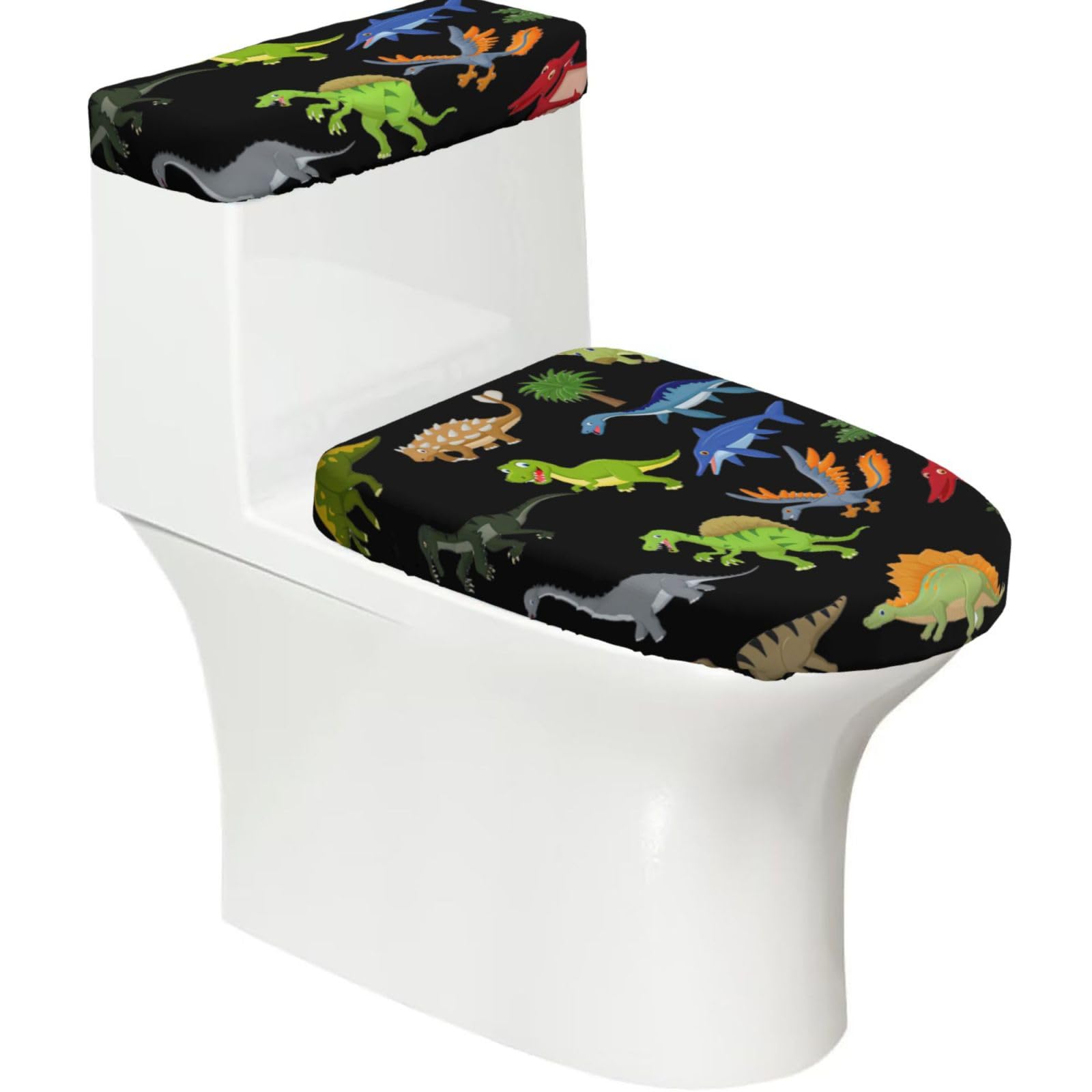 Mrowyc Black Cartoon Dinosaur Images Printed Toilet Seat Set - Set Of 2 - Universal Toilet Seat Cover - Housewarming Birthday Christmas Gift