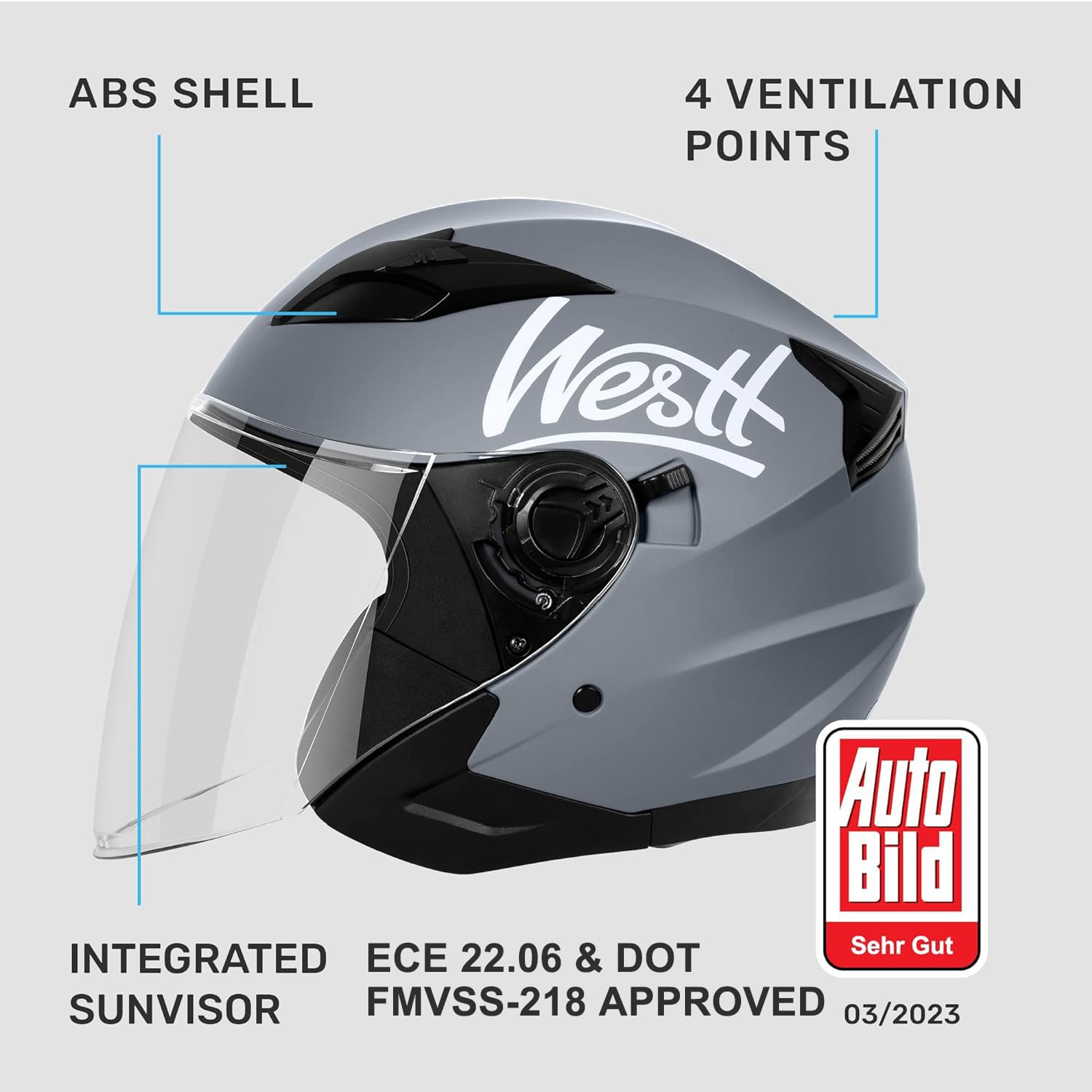Westt casco moto casco jet doppia visiera omologato ECE 22.06 casco scooter caschi scooter per donna e uomo nero grigio bianco